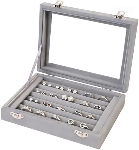 EONGOA Jewelry Box Rings Organizer Tray 7 Slots Velvet Jewelry Earring Storage Box With Transparent Lid Jewelry Display Ca...