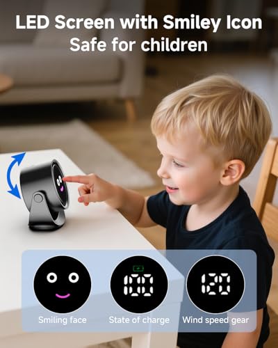 YOSHENMO Portable Desk Fan for Bedroom, Turbo Table Fans with smile icon LED Display, 6-inch, 5-Speed Strong Airflow, Low ...