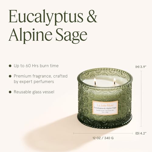 LA JOLIE MUSE Eucalyptus & Apline Sage Scented Candle | Eucalyptus, Sage, Lavender | 12 oz Double Cotton Wick Soy Candle |...