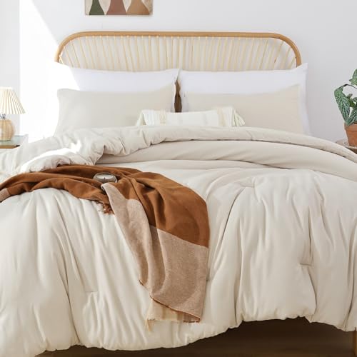 ROSGONIA Beige Comforter Set Queen, 3pcs (1 Boho Beige Comforter & 2 Pillowcases), All Season Bedding Lightweight Soft Bed...