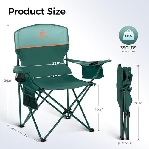 ALPHA CAMP Camping Chairs 350LBS Capacity, Heavy Duty Folding Chair with 4-Can Cooler Bag, Portable Outdoor Chair with Cup...