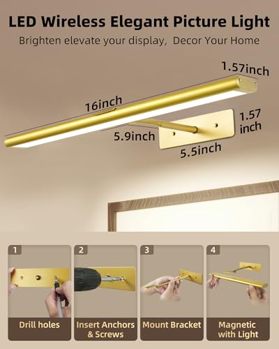 EZVALO Picture Light for Wall, 4800mAh Rechargeable Wireless Remote, 16in Dimmable Magnetic LED Art Display Light with 3 C...