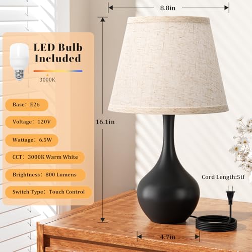 Seealle 16.1" Touch Table Lamps for Nightstand, 3-Way Dimmable Small Bedroom Lamps for Night Stands, Black Bedside Lamps f...