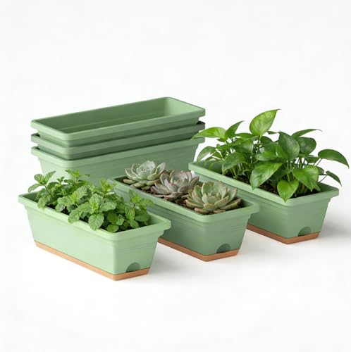 LESOASIS Window Box Planter, 6 Pack Plastic Vegetable Flower Window Planters Boxes 16 Inches Rectangular Flower Pots with ...