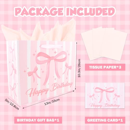ACO-UINT Happy Birthday Gift Bags for Women Pink Bow Gift Bag with Tissue Paper and Ribbon Handles Pink Birthday Card, Cle...