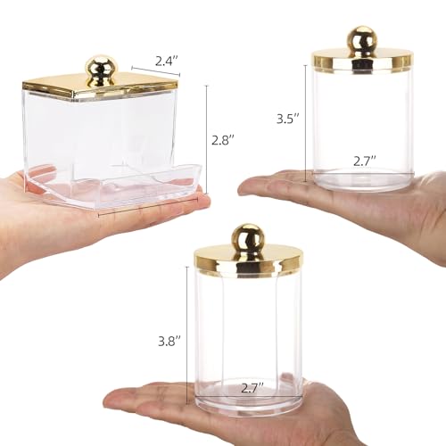 Tbestmax 3 Pack Qtips Dispenser - Bathroom Organizers and Storage Containers, Plastic Apothecary Jars with Gold Lids for C...
