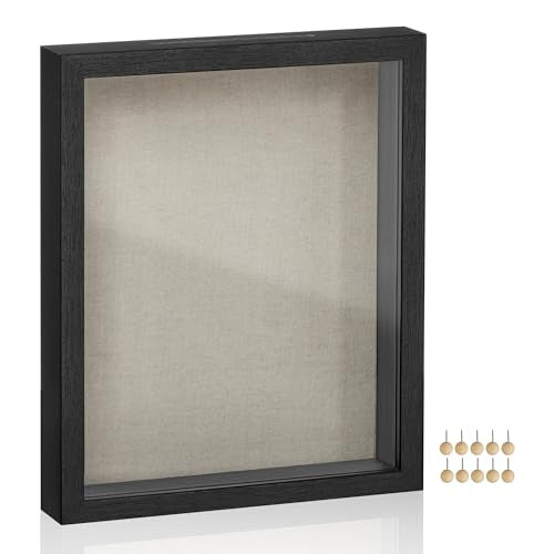 SONGMICS 8x10 Shadow Box Frame, Top Loading Display Case Frame , Glass Front with Top Slot and Push Pins, Linen Fabric Bac...
