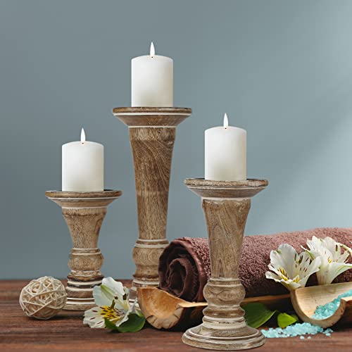 Hand Crafted Decorative Wooden Pillar Candle Holder Stand Siren Shape, Rounded Turned Colums, Country Style Ideal for Gif...