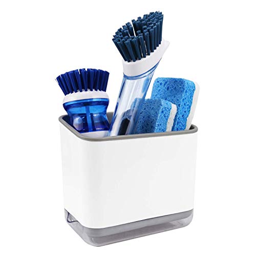 KeFanta Sink Counter Caddy, Plastic Dish Sponge Holder, Kitchen Brush and Scrubber Organizer with Drain Tray, White