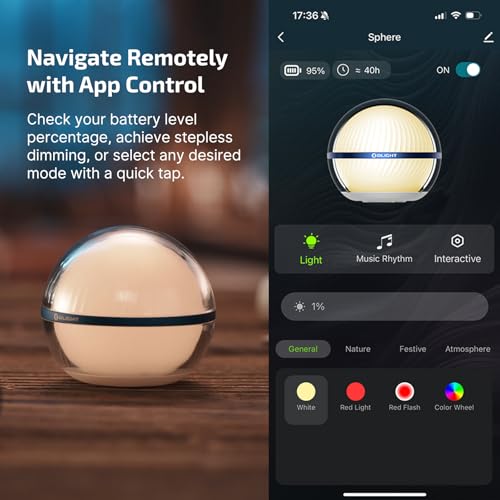 OLIGHT Sphere Smart Night Light, 75 lumens Stepless Dimming Table Lamp with Remotely APP Control, Magnetic Rechargeable RG...