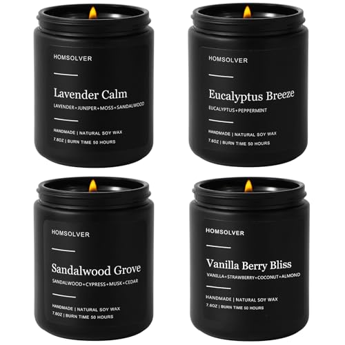 Homsolver Set of 4 Scented Candles for Home Decor, Candle Gifts for Dad Men Him, 200Hours Burn Tine, Vanilla, Lavender, Sa...