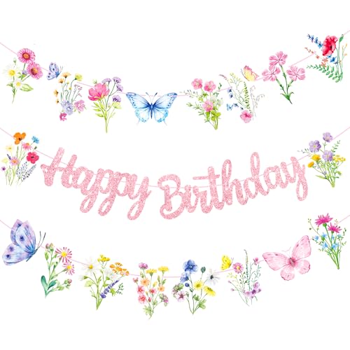 Wildflowers Happy Birthday Banners 3Pcs Pink Butterfly Theme Party Decorations for Women Girl Spring Birthday Baby Shower ...