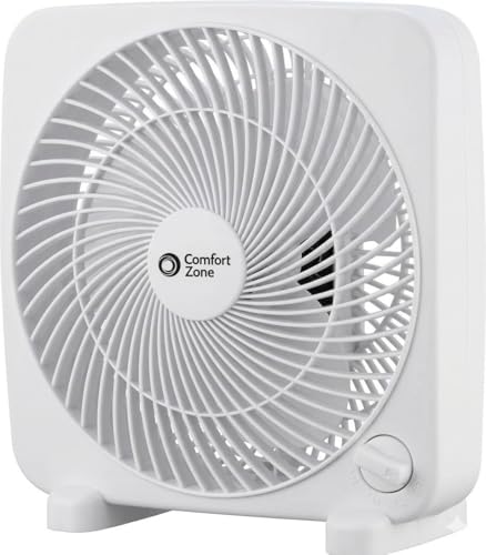 Comfort Zone 9-inch Portable Box Fan – Compact Desktop Cooling Fan with 3-Speeds, Quiet Operation, Built-in Carry Handle &...