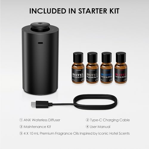 Airversa Waterless Essential Oil Diffuser Starter Kit with 4x10mL Hotel Fragrance Oils for Home Car Office, Premium Alumin...