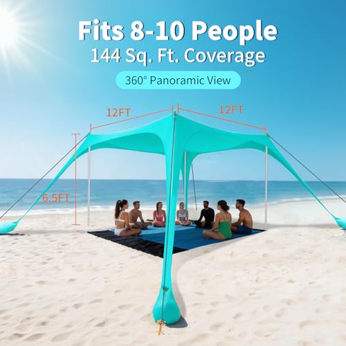 12x12 FT Beach Tent Sun Shelter UPF 50+, XL Beach Canopy with 4 Thickened Aluminum Poles, Sandbags, Windproof Portable Bea...