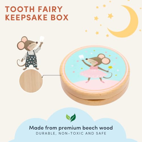 Little Shroomie Baby Tooth Keepsake Box – Wooden Beechwood Tooth Fairy Holder & Memory Capsule for First Tooth, Curl & Umb...