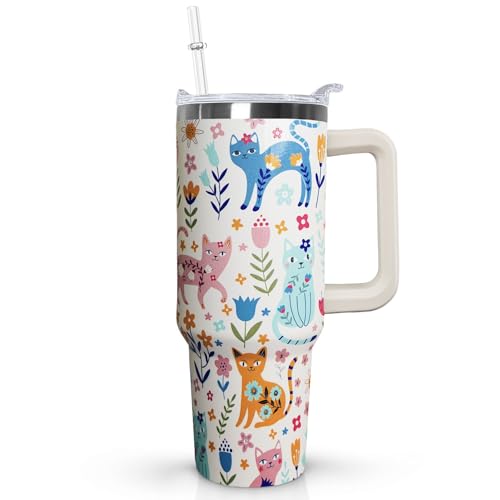 Ceovfoi 40 Oz Cat Tumbler With Handle, Coffee Travel Mug Cup Water Bottle, Cat Decor, Gifts for Women