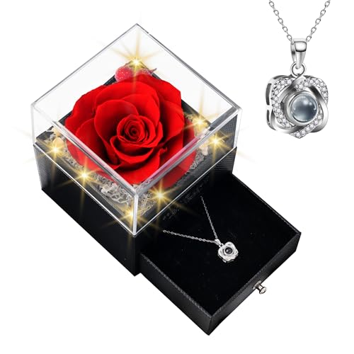 I Love You Necklace 100 Languages, Preserved Rose with Necklace, 925 Sterling Silver Rose Necklace for Women Mom Wife Girl...