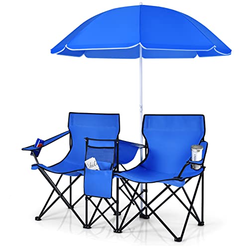 COSTWAY Double Portable Picnic Chairs, Folding Camping Chairs w/Detachable Umbrella, Cooler Bag, Cup Holders, Patio Beach ...