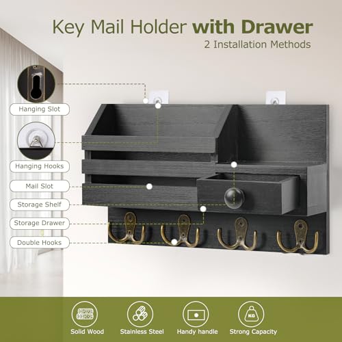 HOMEBROS Key Holder Wall Mount, Wooden Adhesive Mail and Key Organizer with Drawer, Small Shelf, 8 Hooks, 2 Installation M...