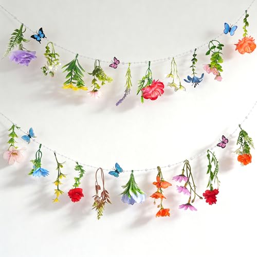 2 Pack 14.4ft Flower Garland Artificial Wildflower Garland, Spring Floral Garland Banner with Butterfly for Wildflower Par...