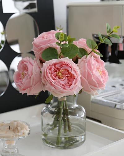 CHASMILE Artificial Flowers with Pink Roses in Vase, Lifelike Fake Flowers in Vase, Faux Flower Arrangements for Dining Ta...
