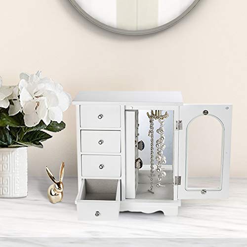 ZGZD White Jewelry Box for Girls Wooden Makeup and Accessories Organizer Ring Storage with 4 Drawers and Swing Door