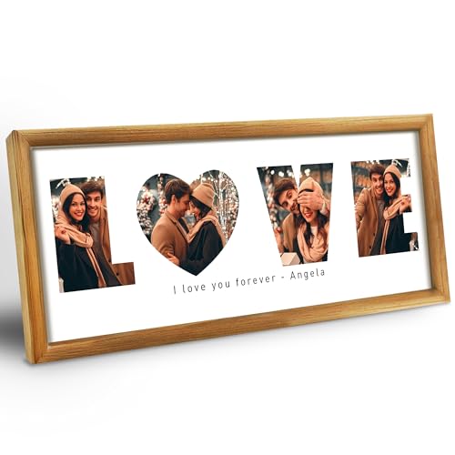CUSTOM STEWARD Personalized Photo Frame, LOVE Design, Natural Wood with Acrylic Panel, Wall Mount or Tabletop Display, Gif...