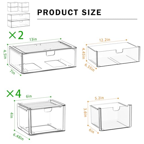 caktraie Acrylic Storage Drawers Set of 6, Clear Makeup Organizer, Plastic Organizer Bins for Beauty Supplies,Ideal for Va...
