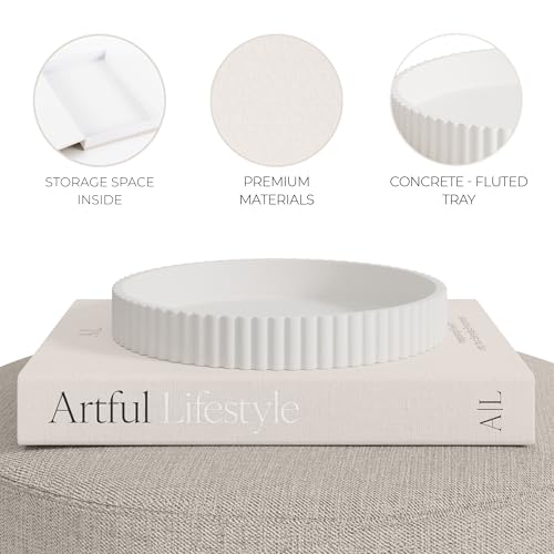 Decorative Concrete Tray & Book Decor Set - Scalloped Tray & Linen Box Enhance Your Coffee Table or Bookshelf Decor - Styl...