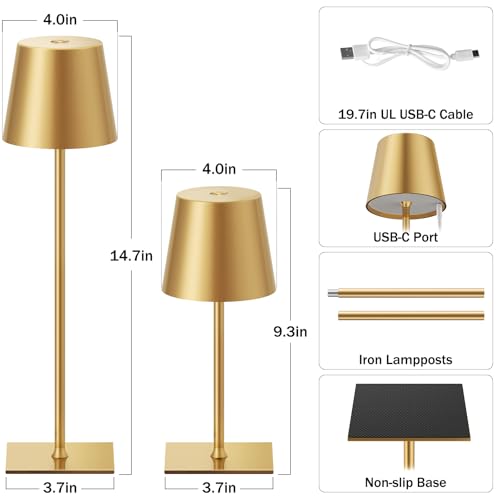 Gold Cordless Rechargeable Table Lamp, 2 Pack Portable Desk Lamp with 5000mAh Battery, Touch Control Stepless Dimming, Wir...