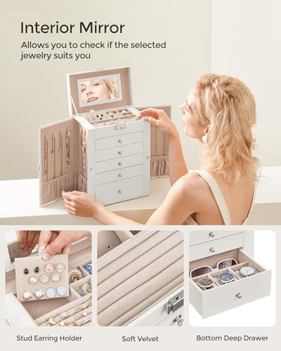SONGMICS 6-Layer Jewelry Box Organizer with 5 Drawers, Jewelry Storage Case with Lock and Mirror, Large Storage Capacity, ...
