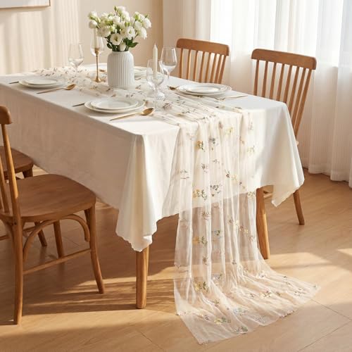 Remagr 9.8 ft Floral Table Runner Embroidery Flower Seasonal Table Decorations Tulle Fabric for Home Indoor Decor, Bridal ...