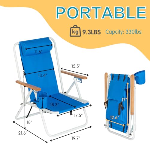 Outvita Folding Beach Chair Adjustable Headrest w/4 Flexible Tilt Angle, Cup Holder Portable High Strength Cleanable Fabri...