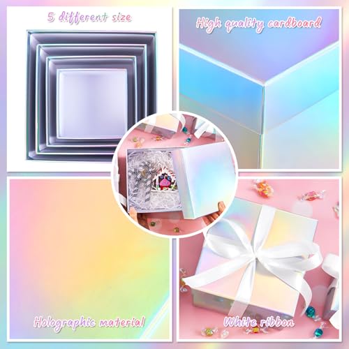 Fulmoon 4 Pack Holographic Silver Square Nesting Gift Boxes with Lids Set Assorted Sizes 7in 6in 5in 4in with Ribbon for W...