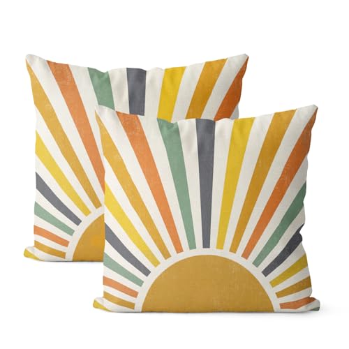 GOLIANDA Boho Pillow Covers 18x18 Set of 2 Stripes Colorful Yellow Sunshine Decorative Pillow Cases Summer Rainbow Sun Out...