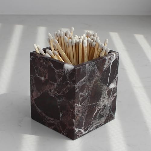 Natural Rosso Levanto Marble Square Storage Container for Toothbrush/Makeup Brush/Pens, Countertop Organizer Bathroom