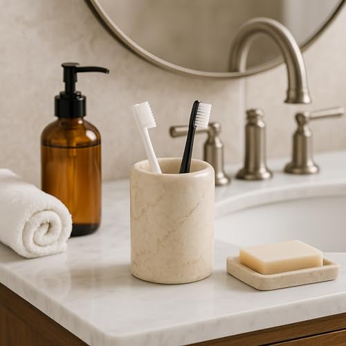 Creative Home Natural Champagne Marble Tumbler Solid Stone Toothbrush Holder Cup Bathroom Vanity Makeup Brush Pen Organize...
