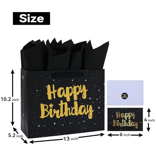 13" Large Black Gift Bag Set with Greeting Card and Tissue Papers (Stars and Gold Foil ‘Happy Birthday’) for Men's or Wome...