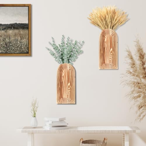 Dnnnii 2 Pack Wooden Wall Vase Set - Brown Finish Modern Farmhouse & Boho Wall Decor for Entryway, Hallway, Bathroom, Livi...