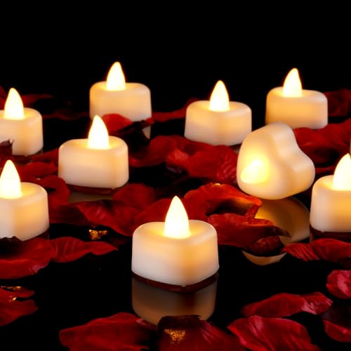 Amagic 1000 Pieces Artificial Rose Petals with 12 Heart LED Tea Lights Candles Kit, Rose Petals and Candles Set for Propos...