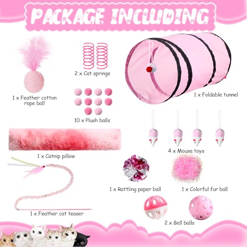 Foilswirl 24 Pcs Cat Toys Set Interactive Kitten Toys Pack Including Collapsible Play Tunnel Feather Teaser Wand Fuzzy Bal...