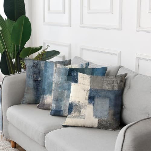 Emvency Set of 4 Throw Pillow Covers Blue and Grey White Art Artwork Contemporary Decorative Gray Cushion Sofa Bedroom Car...