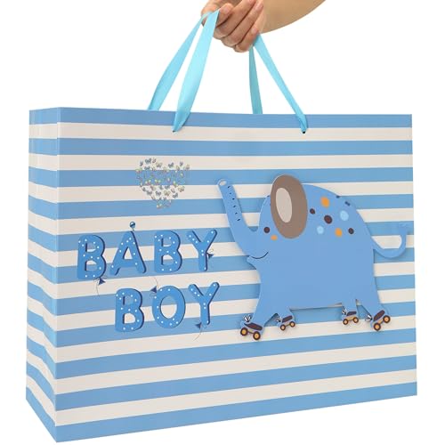 16.5” Extra Large Baby Boy Gift Bag Set with Handles, Greeting Card, Blue Tissue Papers and Stickers for Boys Kids for Bab...