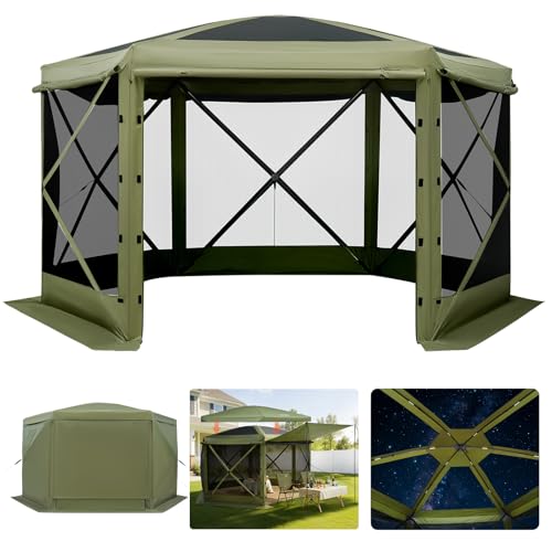 VEVOR Pop up Gazebo Screen Tent, 12 x 12 ft Large 6-Sided Camping Canopy Tent with Removable Top & Carry Bag, Quick-Set & ...