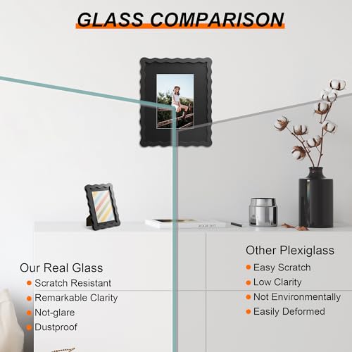 THKRLOF 4x6 Picture Frame with Mat for 3.5x5, Wavy Edge Wooden Real Glass Photo Frame for Tabletop and Wall Hanging, Blac...