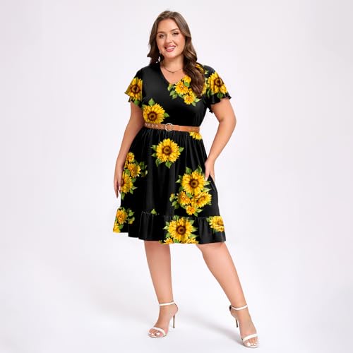 Women's Plus Size Casual Dress V Neck Ruffle Floral Short Sleeve Summer Midi Dresses with Pockets