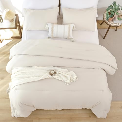 ROSGONIA Beige Comforter Set Queen, 3pcs (1 Boho Beige Comforter & 2 Pillowcases), All Season Bedding Lightweight Soft Bed...