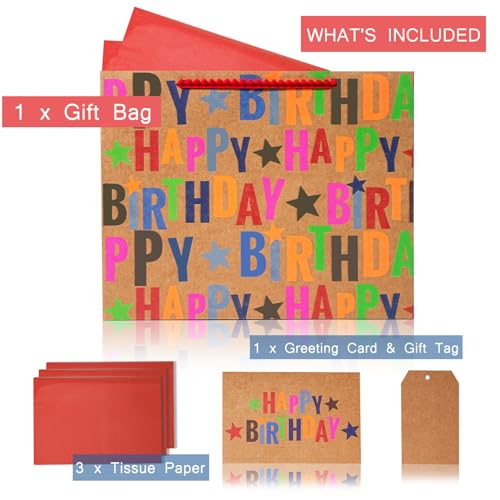 LaRibbons 13" Large Kraft Birthday Gift Bag with Tissue Paper and Greeting Card, Colorful Text Happy Birthday and Stars De...