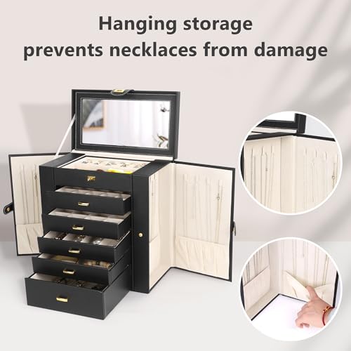 Kendal Extra Large Jewelry Box Jewelry Case PU Leather 6 Tier 5 Drawers Large Storage Capacity with Mirror Jewelry Storage...